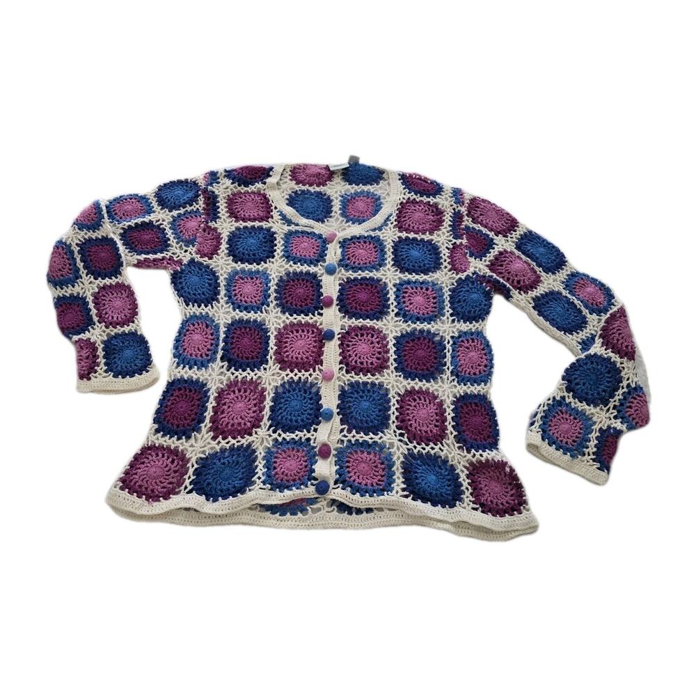 VTG Haband Cardigan Crochet Granny Square Womens Button Up Size M Cottage 90s
